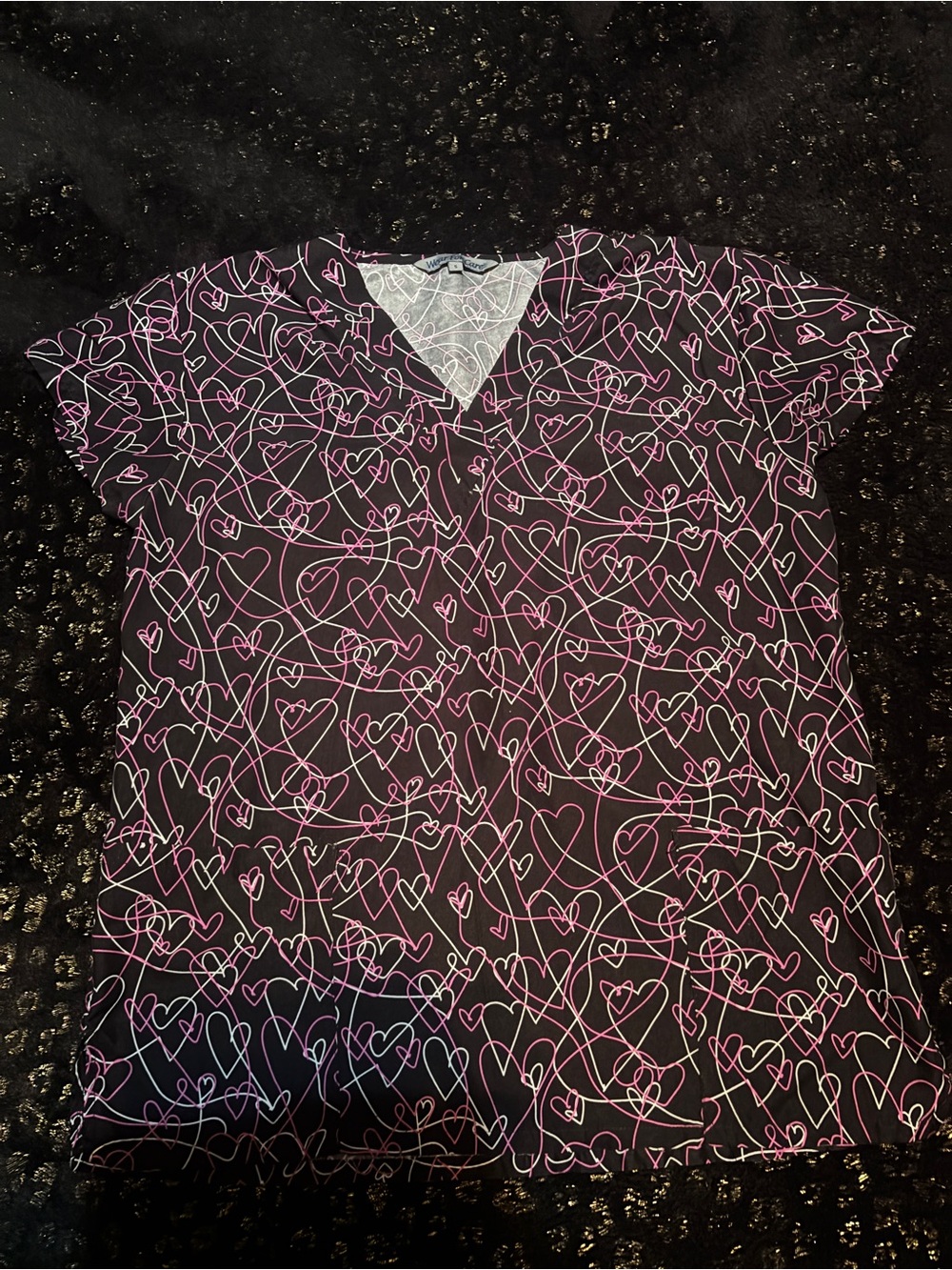 Womens Black V-Neck Scrub Top with Pink Heart Print